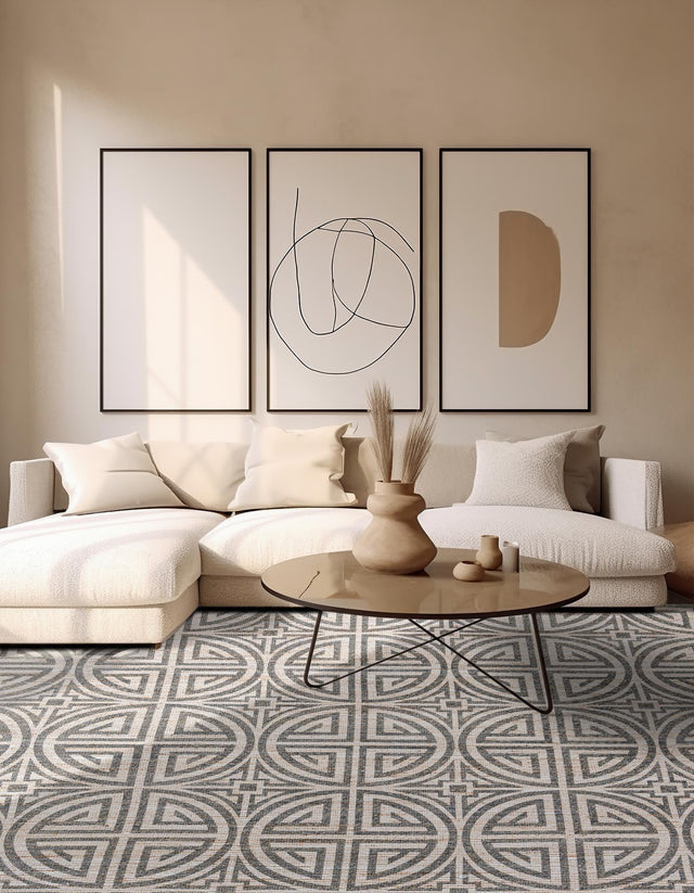 Gray and Ivory 7' 10 x 7' 10 Chenille Jute Square Area Rug Vintage Distressed Boho All Natural Eco-Friendly Sustainable Carpet for Living Dining Office Dorm Rooms for Sale at Rug Engine