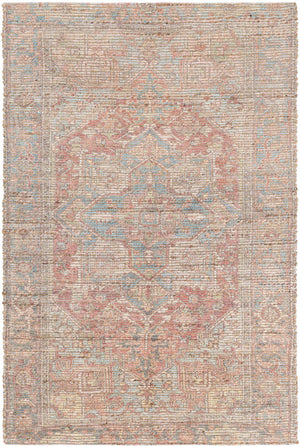 Antique Red and Blue 4' 1 x 6' 1 Chenille Jute Rectangle Area Rug Vintage Distressed Boho All Natural Eco-Friendly Sustainable Carpet for Living Dining Office Dorm Rooms for Sale at Rug Engine