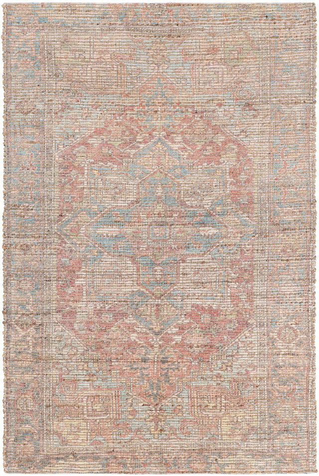 Antique Red and Blue 4' 1 x 6' 1 Chenille Jute Rectangle Area Rug Vintage Distressed Boho All Natural Eco-Friendly Sustainable Carpet for Living Dining Office Dorm Rooms for Sale at Rug Engine