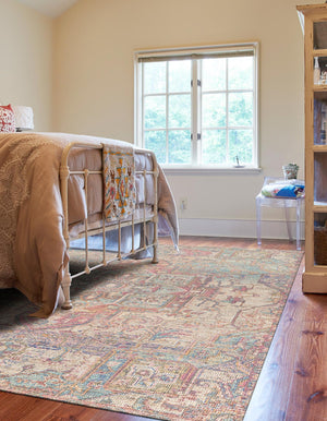 Antique Red and Blue 5' 1 x 8' Chenille Jute Rectangle Area Rug Vintage Distressed Boho All Natural Eco-Friendly Sustainable Carpet for Living Dining Office Dorm Rooms for Sale at Rug Engine