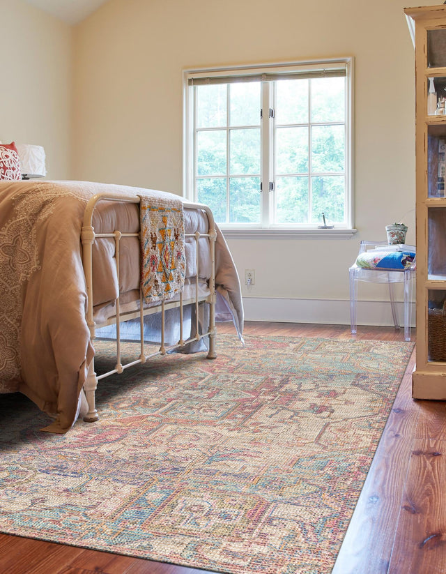 Antique Red and Blue 5' 1 x 8' Chenille Jute Rectangle Area Rug Vintage Distressed Boho All Natural Eco-Friendly Sustainable Carpet for Living Dining Office Dorm Rooms for Sale at Rug Engine
