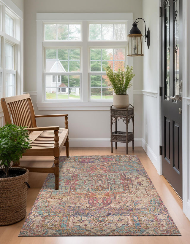 Antique Red and Blue 5' 1 x 8' Chenille Jute Rectangle Area Rug Vintage Distressed Boho All Natural Eco-Friendly Sustainable Carpet for Living Dining Office Dorm Rooms for Sale at Rug Engine