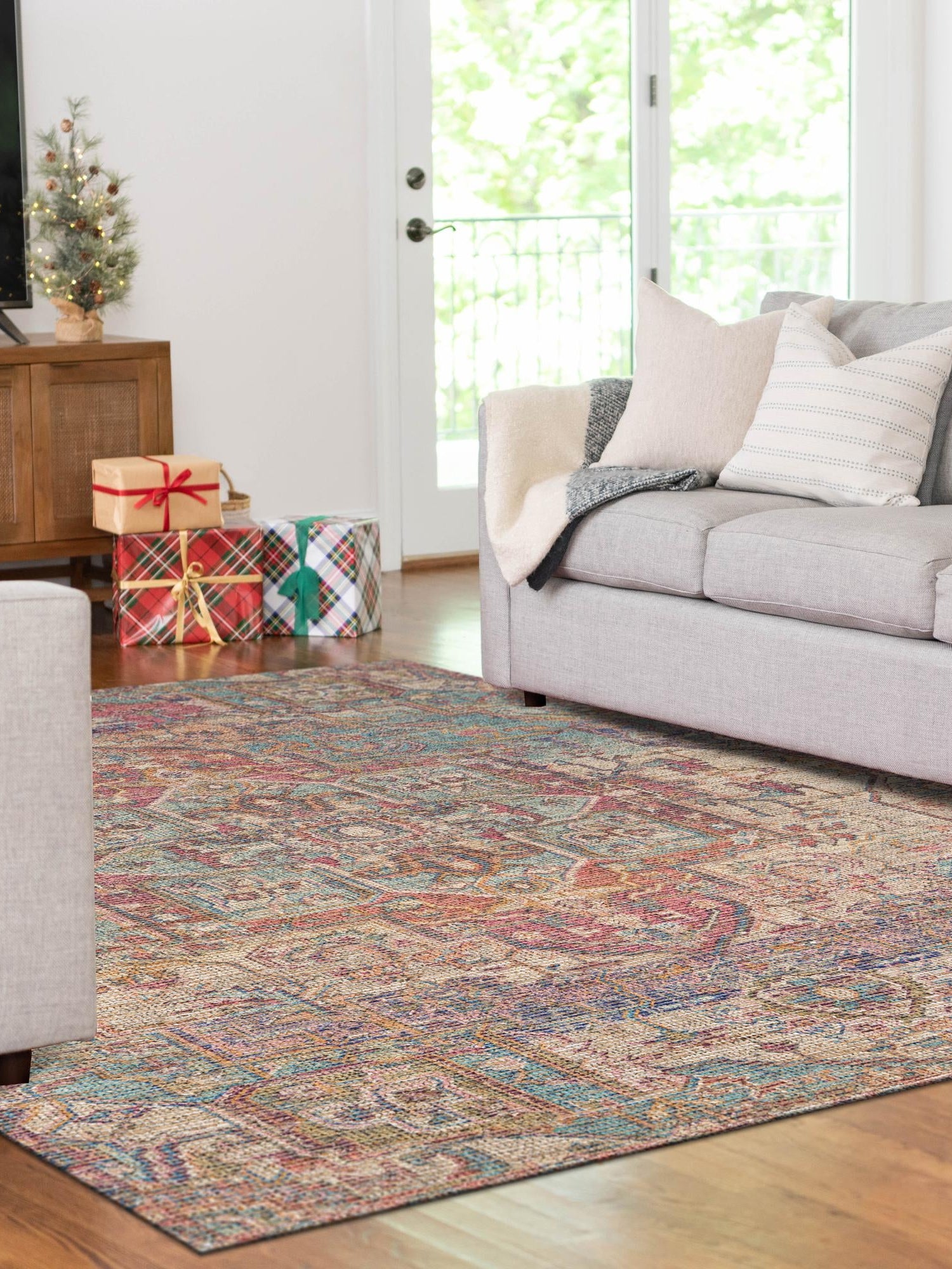 Antique Red and Blue 6' 1 x 9' Chenille Jute Rectangle Area Rug Vintage Distressed Boho All Natural Eco-Friendly Sustainable Carpet for Living Dining Office Dorm Rooms for Sale at Rug Engine