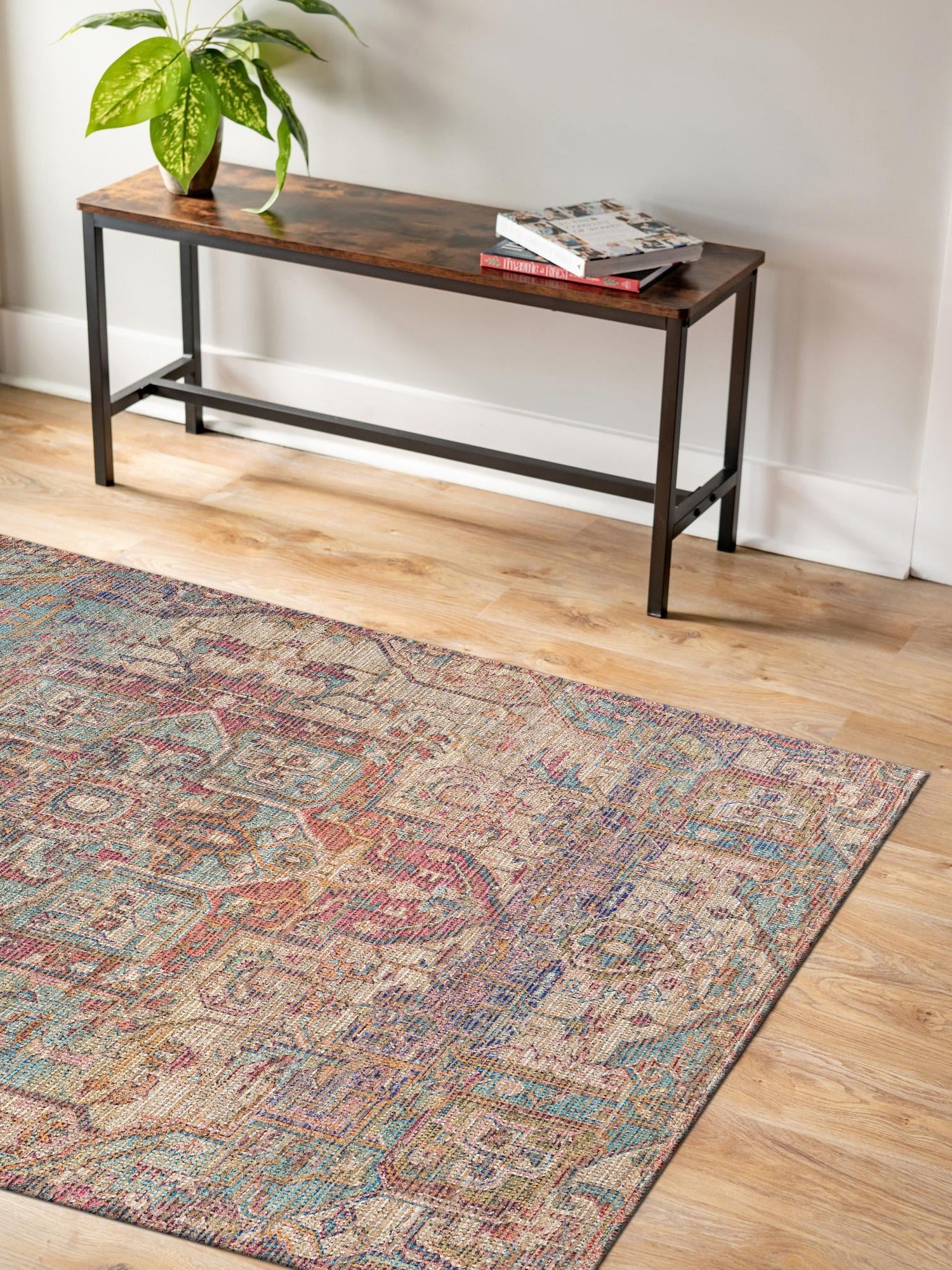 Antique Red and Blue 6' 1 x 9' Chenille Jute Rectangle Area Rug Vintage Distressed Boho All Natural Eco-Friendly Sustainable Carpet for Living Dining Office Dorm Rooms for Sale at Rug Engine