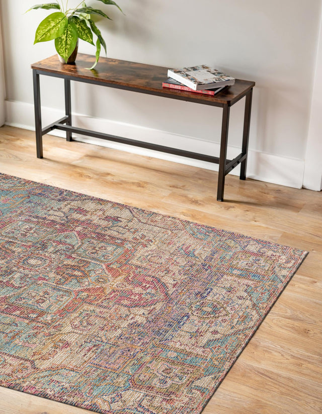 Antique Red and Blue 5' 1 x 8' Chenille Jute Rectangle Area Rug Vintage Distressed Boho All Natural Eco-Friendly Sustainable Carpet for Living Dining Office Dorm Rooms for Sale at Rug Engine