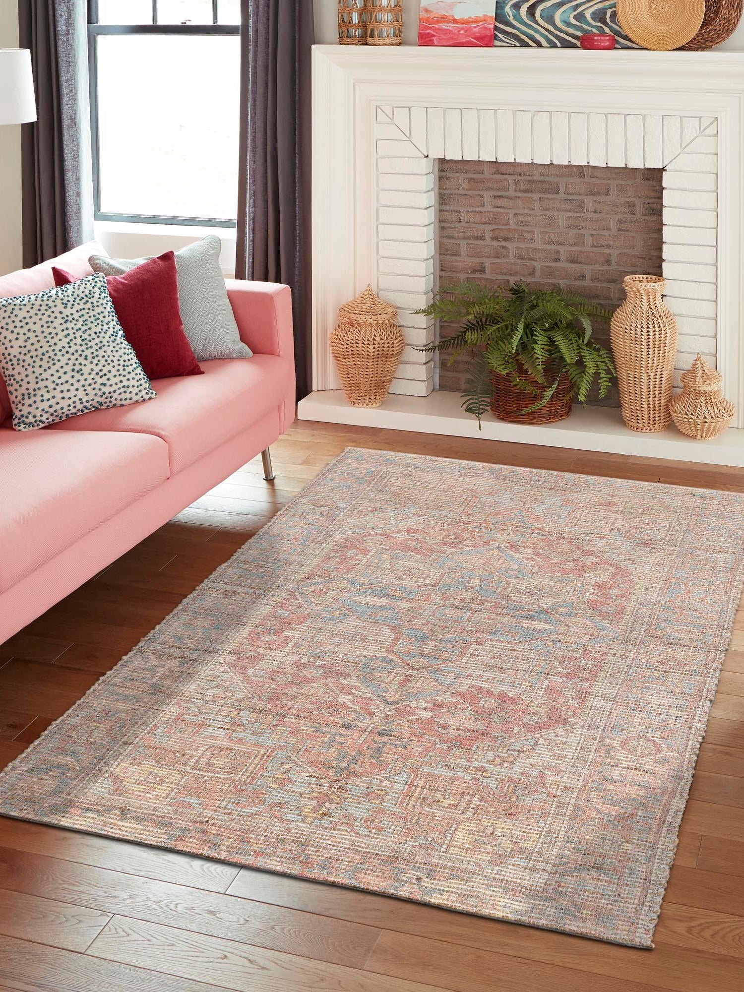 Antique Red and Blue 6' 1 x 9' Chenille Jute Rectangle Area Rug Vintage Distressed Boho All Natural Eco-Friendly Sustainable Carpet for Living Dining Office Dorm Rooms for Sale at Rug Engine