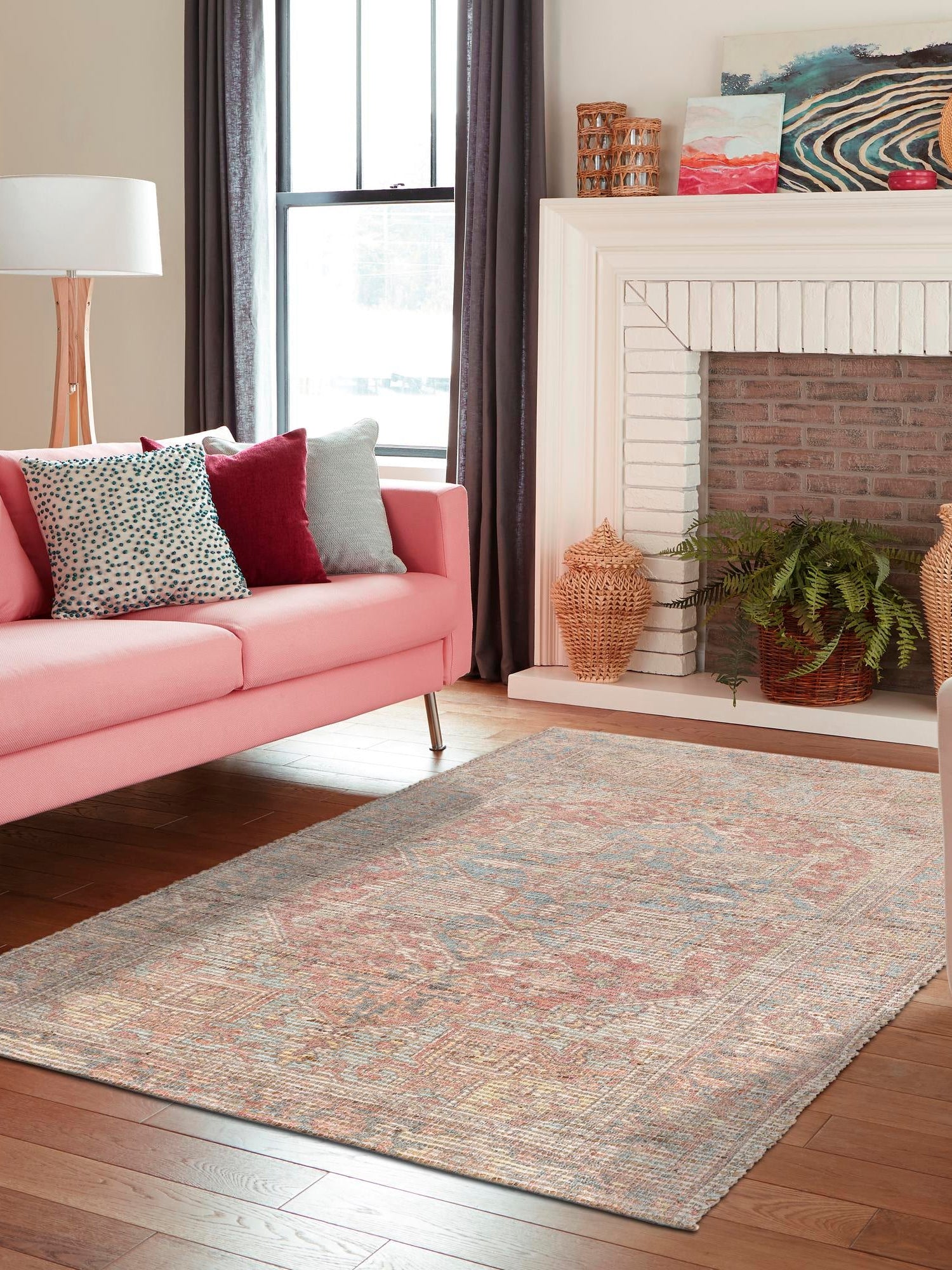 Antique Red and Blue 6' 1 x 9' Chenille Jute Rectangle Area Rug Vintage Distressed Boho All Natural Eco-Friendly Sustainable Carpet for Living Dining Office Dorm Rooms for Sale at Rug Engine