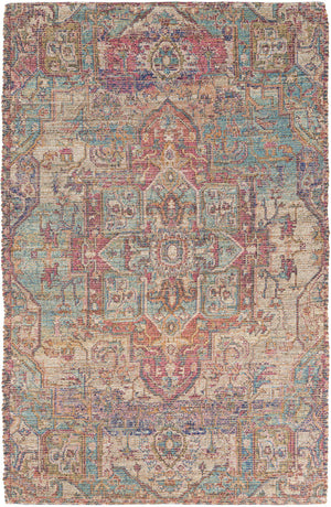 Antique Red and Blue 5' 1 x 8' Chenille Jute Rectangle Area Rug Vintage Distressed Boho All Natural Eco-Friendly Sustainable Carpet for Living Dining Office Dorm Rooms for Sale at Rug Engine