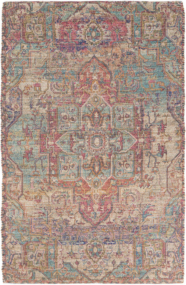 Antique Red and Blue 5' 1 x 8' Chenille Jute Rectangle Area Rug Vintage Distressed Boho All Natural Eco-Friendly Sustainable Carpet for Living Dining Office Dorm Rooms for Sale at Rug Engine