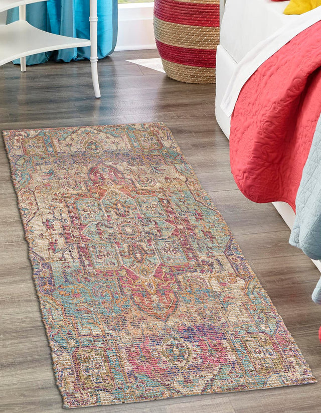 Antique Red and Blue 2' 2 x 8' Chenille Jute Runner Area Rug Vintage Distressed Boho All Natural Eco-Friendly Sustainable Carpet for Living Dining Office Dorm Rooms for Sale at Rug Engine