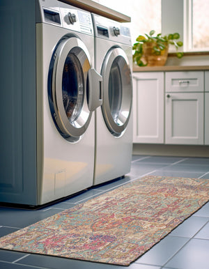 Antique Red and Blue 2' 2 x 6' 1 Chenille Jute Runner Area Rug Vintage Distressed Boho All Natural Eco-Friendly Sustainable Carpet for Living Dining Office Dorm Rooms for Sale at Rug Engine