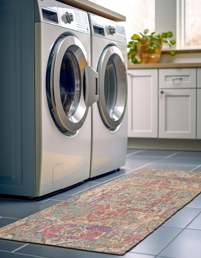 Antique Red and Blue 2' 2 x 8' Chenille Jute Runner Area Rug Vintage Distressed Boho All Natural Eco-Friendly Sustainable Carpet for Living Dining Office Dorm Rooms for Sale at Rug Engine