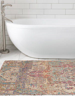 Antique Red and Blue 2' 2 x 8' Chenille Jute Runner Area Rug Vintage Distressed Boho All Natural Eco-Friendly Sustainable Carpet for Living Dining Office Dorm Rooms for Sale at Rug Engine