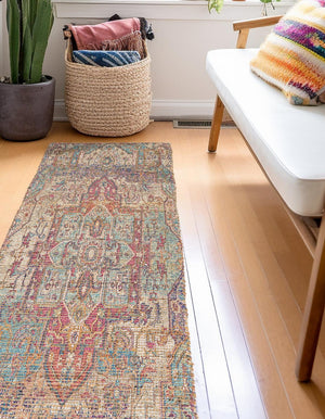 Antique Red and Blue 2' 2 x 6' 1 Chenille Jute Runner Area Rug Vintage Distressed Boho All Natural Eco-Friendly Sustainable Carpet for Living Dining Office Dorm Rooms for Sale at Rug Engine