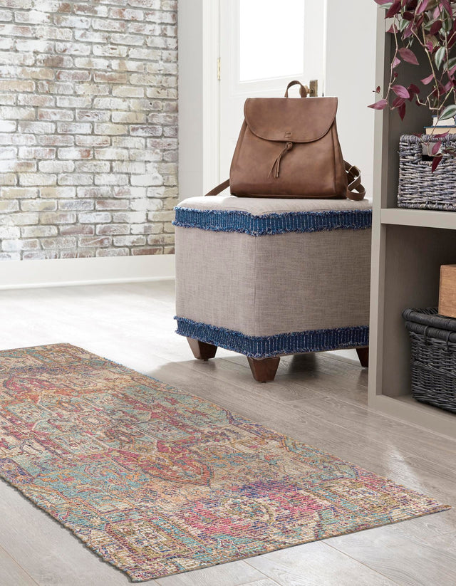 Antique Red and Blue 2' 2 x 6' 1 Chenille Jute Runner Area Rug Vintage Distressed Boho All Natural Eco-Friendly Sustainable Carpet for Living Dining Office Dorm Rooms for Sale at Rug Engine