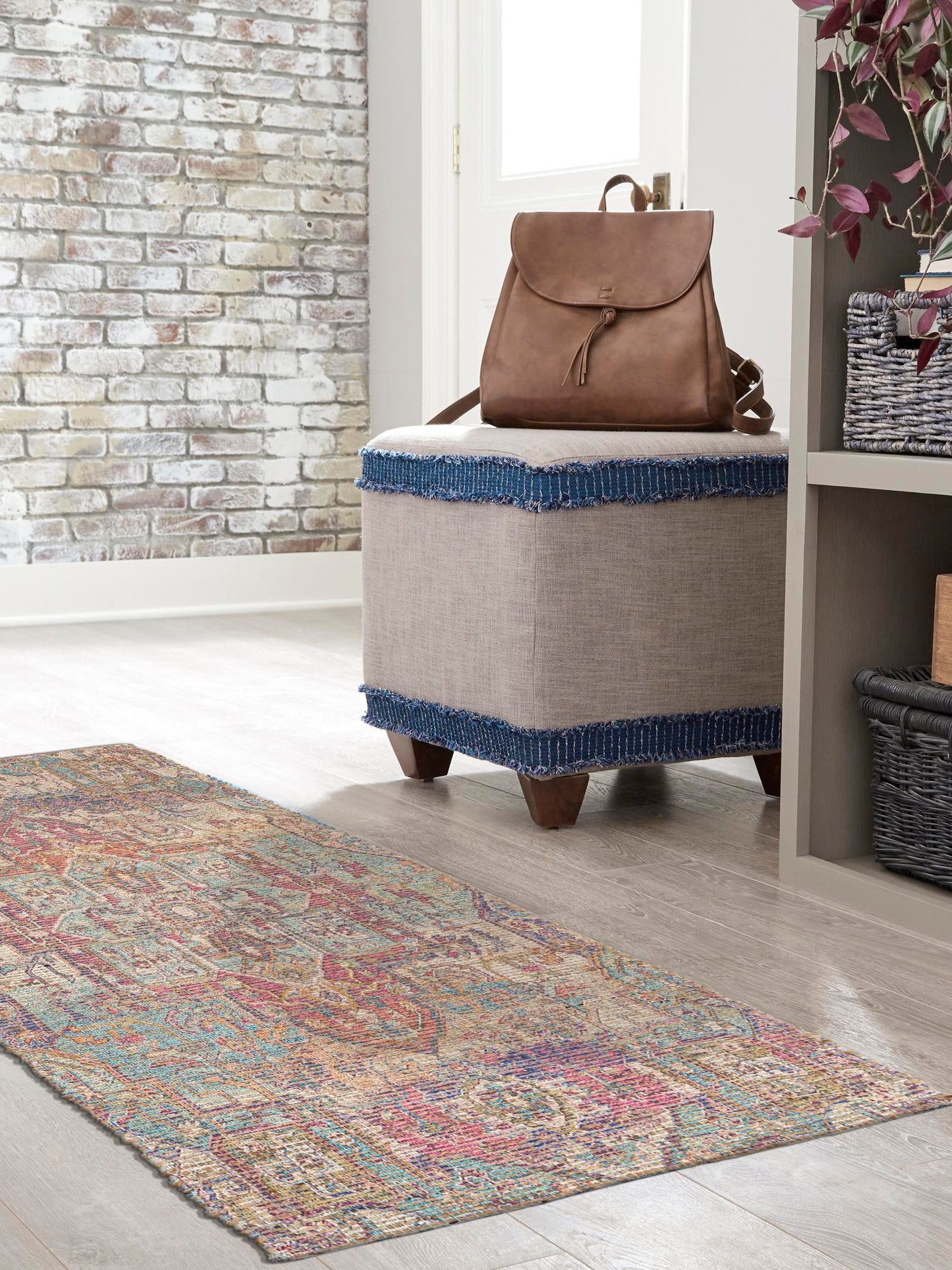 Antique Red and Blue 2' 2 x 8' Chenille Jute Runner Area Rug Vintage Distressed Boho All Natural Eco-Friendly Sustainable Carpet for Living Dining Office Dorm Rooms for Sale at Rug Engine