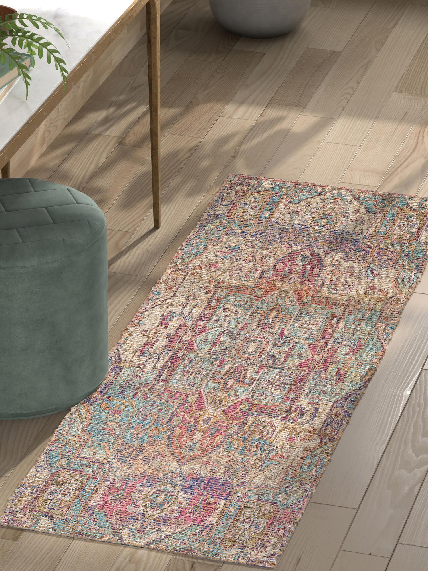 Antique Red and Blue 2' 2 x 8' Chenille Jute Runner Area Rug Vintage Distressed Boho All Natural Eco-Friendly Sustainable Carpet for Living Dining Office Dorm Rooms for Sale at Rug Engine