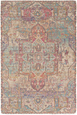 Antique Red and Blue 6' 1 x 9' Chenille Jute Rectangle Area Rug Vintage Distressed Boho All Natural Eco-Friendly Sustainable Carpet for Living Dining Office Dorm Rooms for Sale at Rug Engine