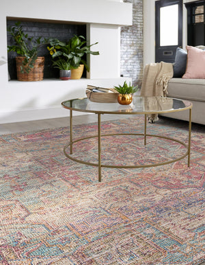 Antique Red and Blue 7' 10 x 7' 10 Chenille Jute Square Area Rug Vintage Distressed Boho All Natural Eco-Friendly Sustainable Carpet for Living Dining Office Dorm Rooms for Sale at Rug Engine
