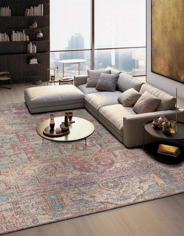 Antique Red and Blue 7' 10 x 7' 10 Chenille Jute Square Area Rug Vintage Distressed Boho All Natural Eco-Friendly Sustainable Carpet for Living Dining Office Dorm Rooms for Sale at Rug Engine