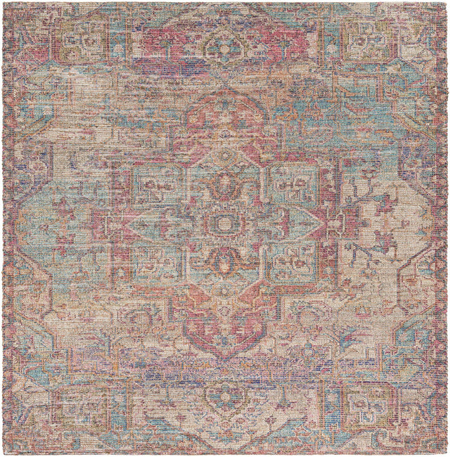 Antique Red and Blue 7' 10 x 7' 10 Chenille Jute Square Area Rug Vintage Distressed Boho All Natural Eco-Friendly Sustainable Carpet for Living Dining Office Dorm Rooms for Sale at Rug Engine