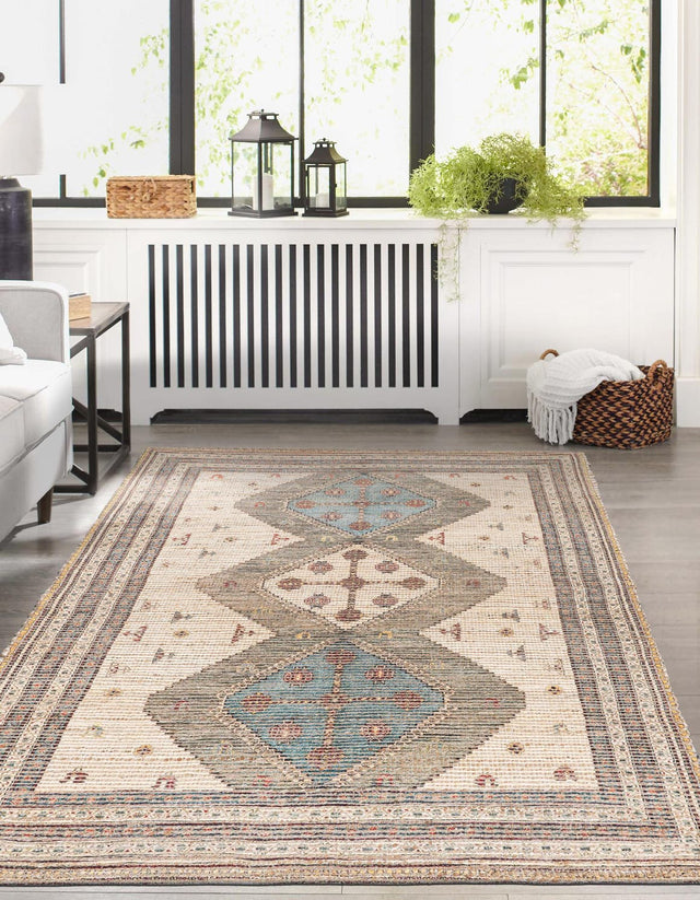 Beige 7' 10 x 10' Chenille Jute Rectangle Area Rug Vintage Distressed Boho All Natural Eco-Friendly Sustainable Carpet for Living Dining Office Dorm Rooms for Sale at Rug Engine