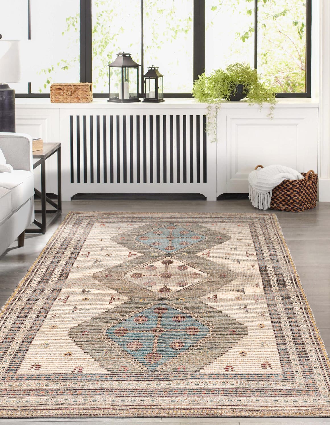 Beige 9' x 12' Chenille Jute Rectangle Area Rug Vintage Distressed Boho All Natural Eco-Friendly Sustainable Carpet for Living Dining Office Dorm Rooms for Sale at Rug Engine