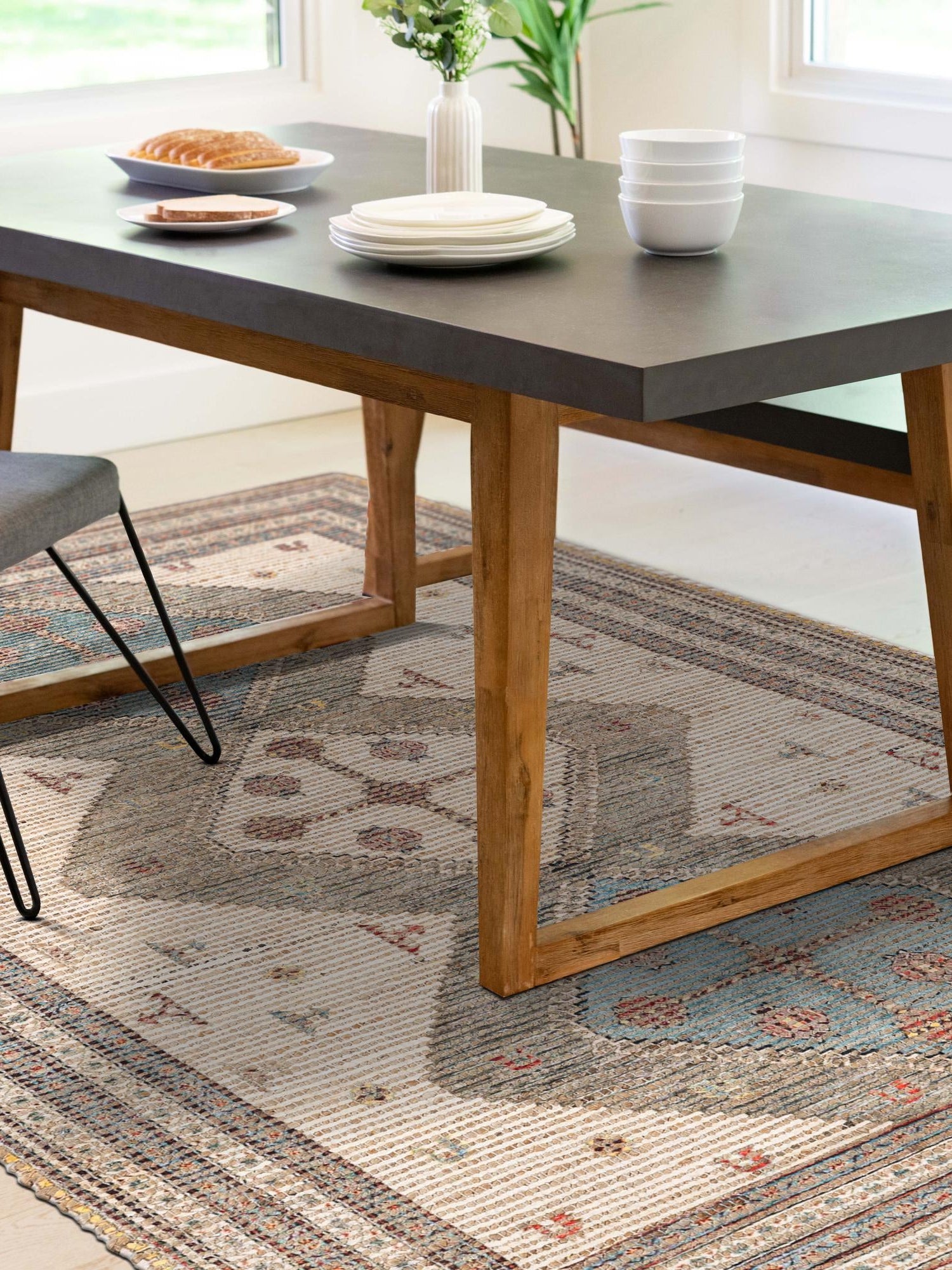 Beige 5' 1 x 8' Chenille Jute Rectangle Area Rug Vintage Distressed Boho All Natural Eco-Friendly Sustainable Carpet for Living Dining Office Dorm Rooms for Sale at Rug Engine