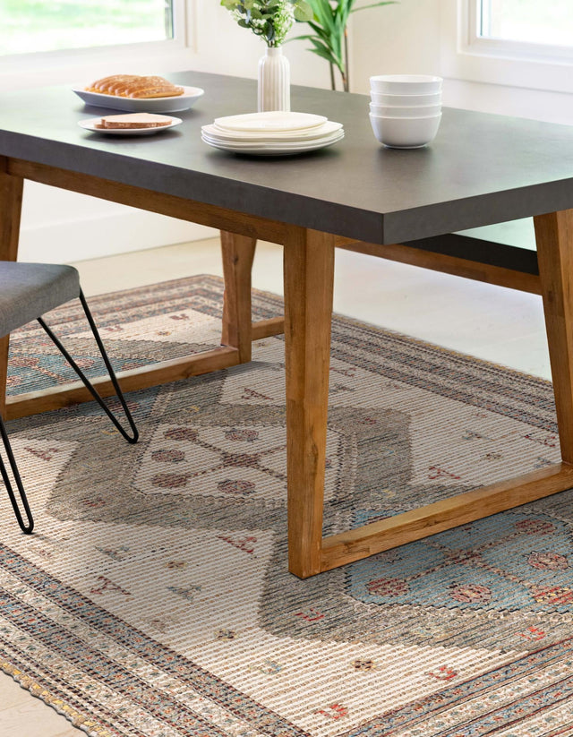 Beige 4' 1 x 6' 1 Chenille Jute Rectangle Area Rug Vintage Distressed Boho All Natural Eco-Friendly Sustainable Carpet for Living Dining Office Dorm Rooms for Sale at Rug Engine