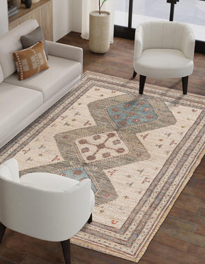 Beige 6' 1 x 9' Chenille Jute Rectangle Area Rug Vintage Distressed Boho All Natural Eco-Friendly Sustainable Carpet for Living Dining Office Dorm Rooms for Sale at Rug Engine