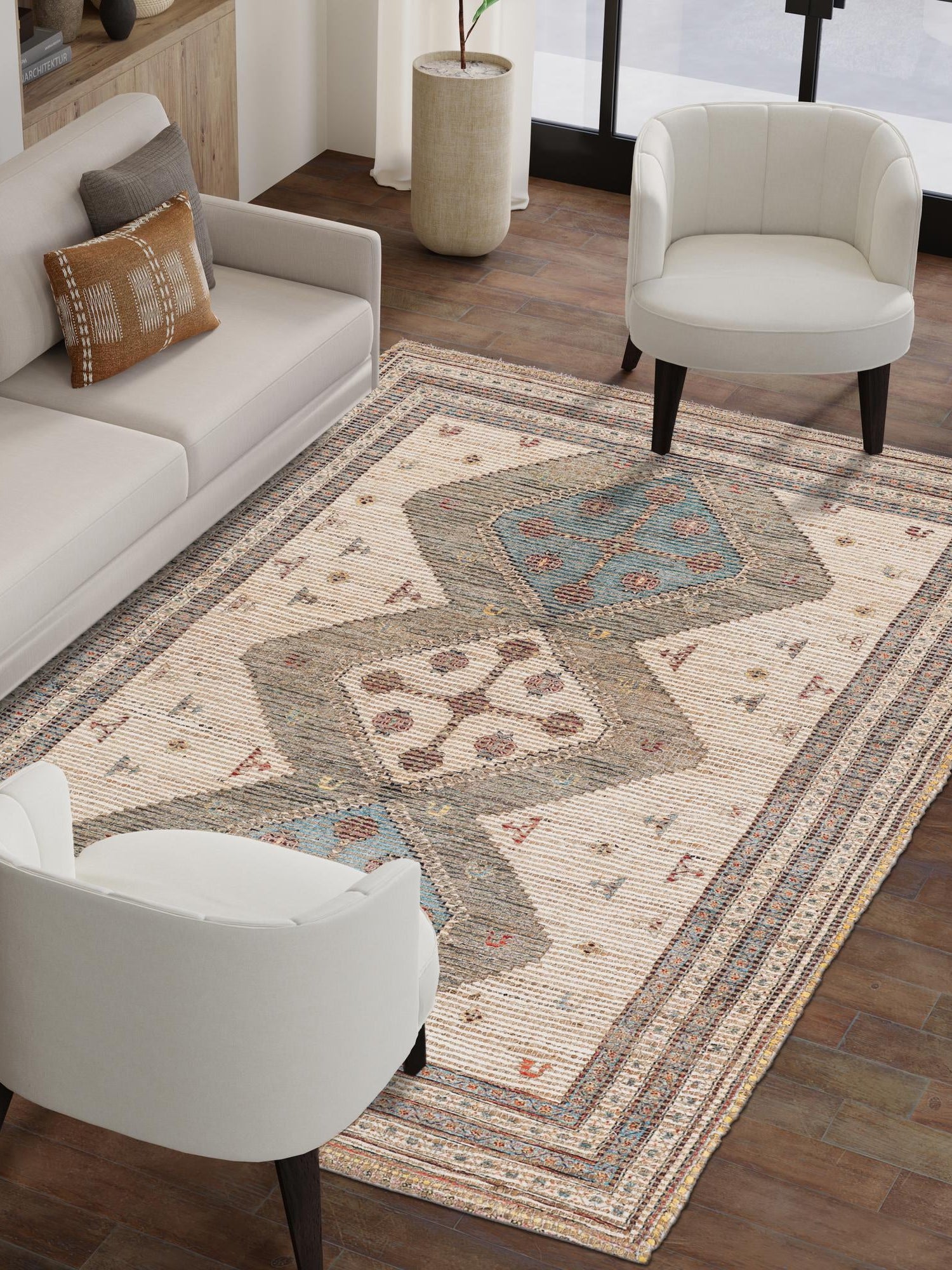 Beige 7' 10 x 10' Chenille Jute Rectangle Area Rug Vintage Distressed Boho All Natural Eco-Friendly Sustainable Carpet for Living Dining Office Dorm Rooms for Sale at Rug Engine