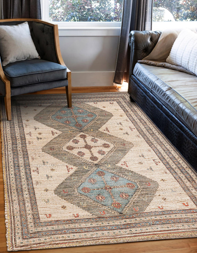Beige 4' 1 x 6' 1 Chenille Jute Rectangle Area Rug Vintage Distressed Boho All Natural Eco-Friendly Sustainable Carpet for Living Dining Office Dorm Rooms for Sale at Rug Engine