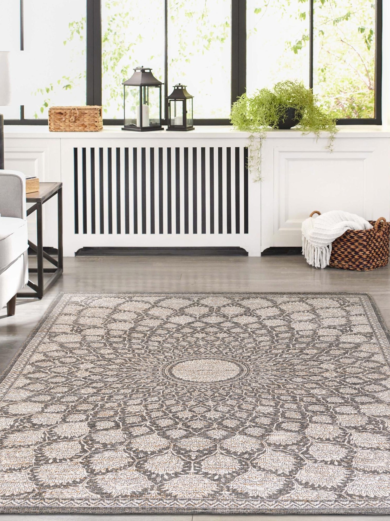 Charcoal and Ivory 6' 1 x 9' Chenille Jute Rectangle Area Rug Vintage Distressed Boho All Natural Eco-Friendly Sustainable Carpet for Living Dining Office Dorm Rooms for Sale at Rug Engine