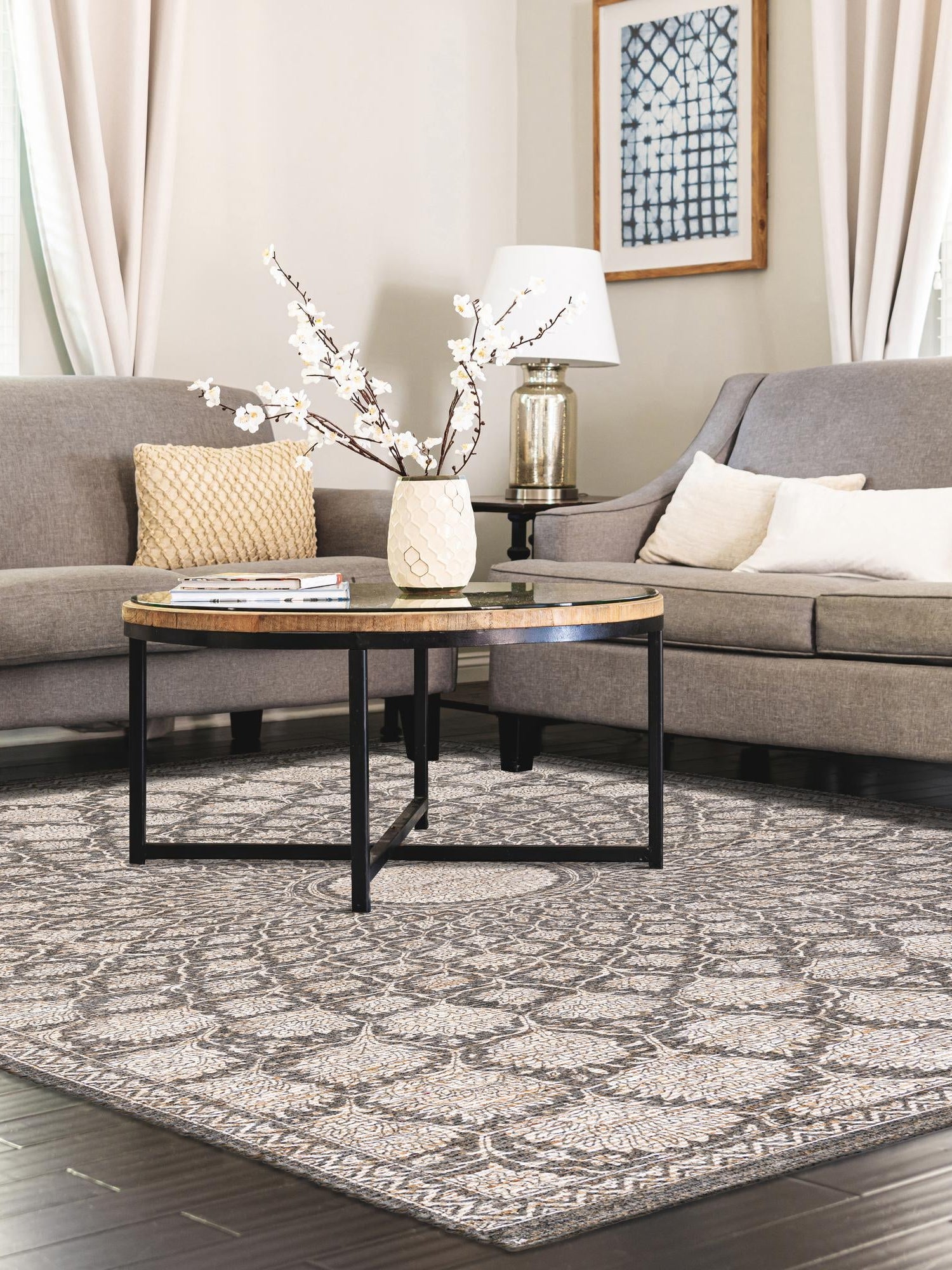 Charcoal and Ivory 9' x 12' Chenille Jute Rectangle Area Rug Vintage Distressed Boho All Natural Eco-Friendly Sustainable Carpet for Living Dining Office Dorm Rooms for Sale at Rug Engine