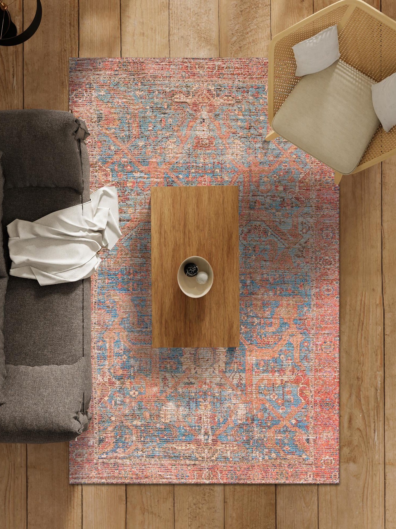 Antique Blue 5' 1 x 8' Chenille Jute Rectangle Area Rug Vintage Distressed Boho All Natural Eco-Friendly Sustainable Carpet for Living Dining Office Dorm Rooms for Sale at Rug Engine