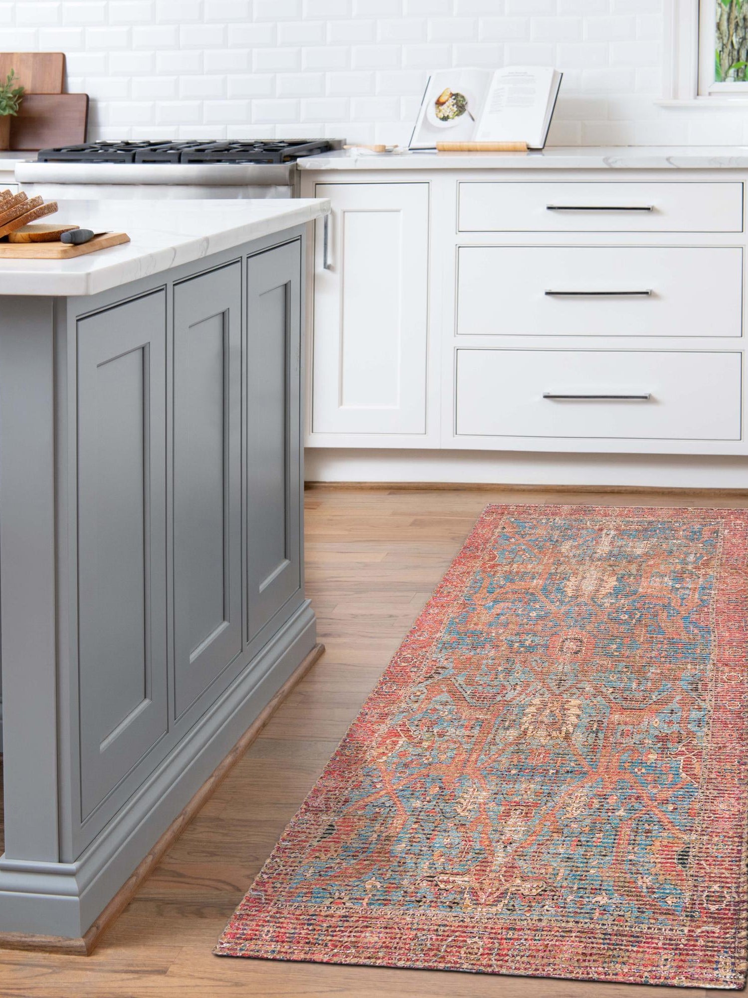 Antique Blue 2' 2 x 6' 1 Chenille Jute Runner Area Rug Vintage Distressed Boho All Natural Eco-Friendly Sustainable Carpet for Living Dining Office Dorm Rooms for Sale at Rug Engine