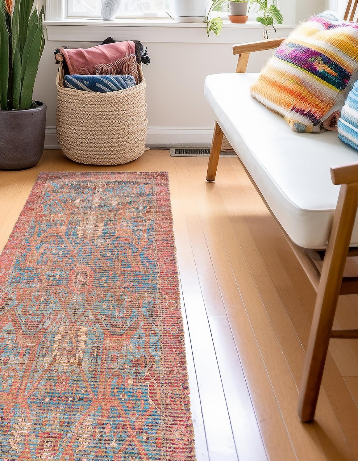 Antique Blue 2' 2 x 6' 1 Chenille Jute Runner Area Rug Vintage Distressed Boho All Natural Eco-Friendly Sustainable Carpet for Living Dining Office Dorm Rooms for Sale at Rug Engine