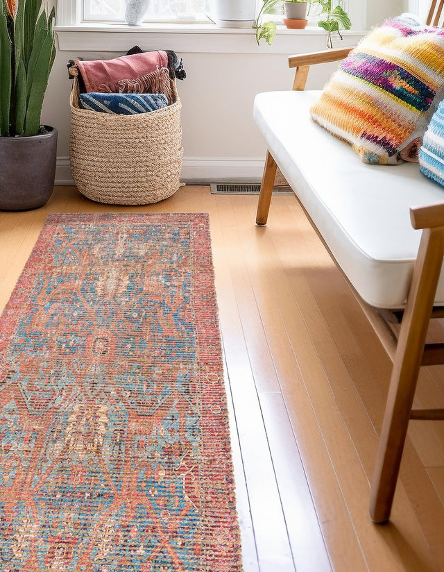 Antique Blue 2' 2 x 6' 1 Chenille Jute Runner Area Rug Vintage Distressed Boho All Natural Eco-Friendly Sustainable Carpet for Living Dining Office Dorm Rooms for Sale at Rug Engine