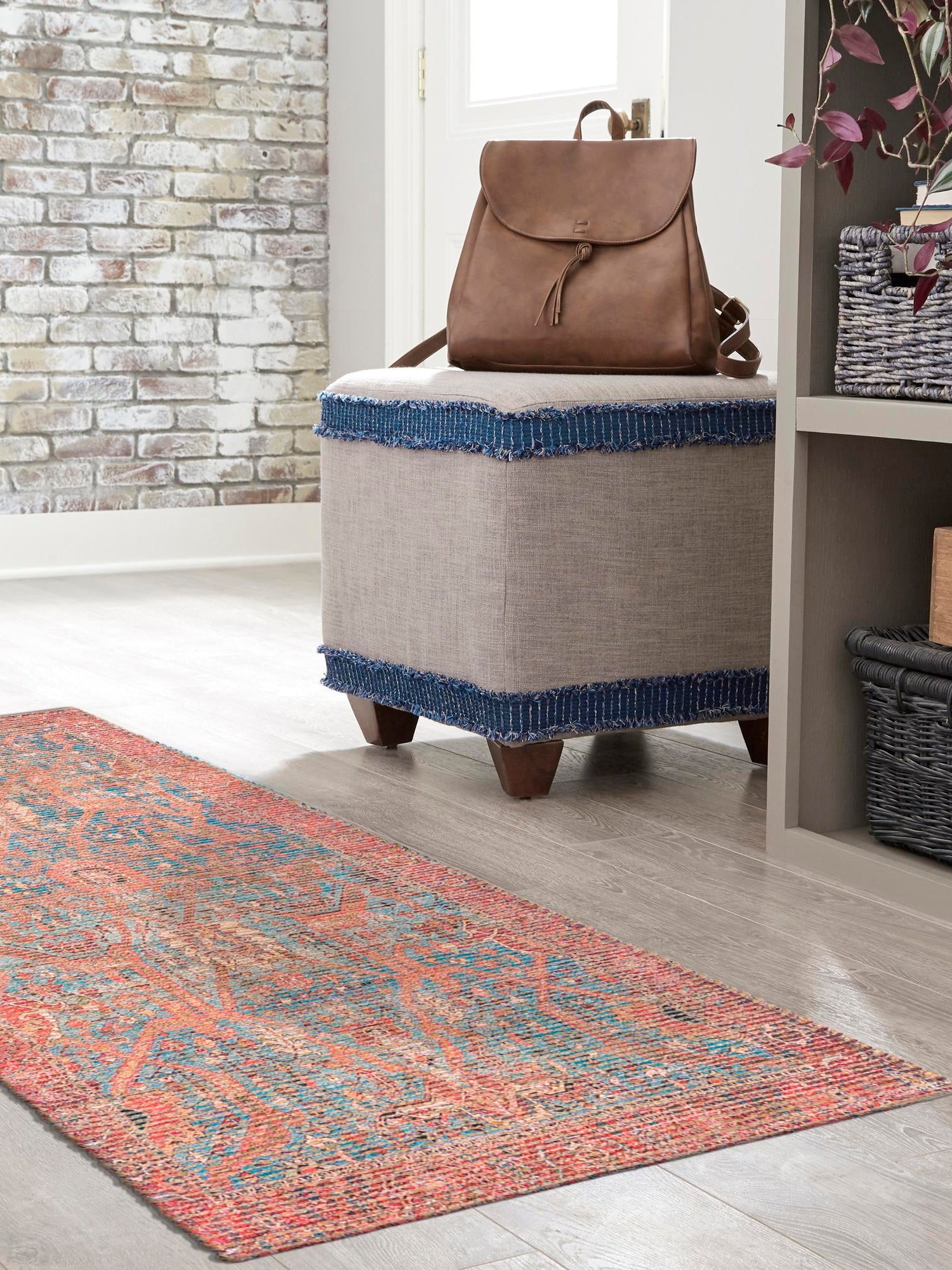Antique Blue 2' 2 x 6' 1 Chenille Jute Runner Area Rug Vintage Distressed Boho All Natural Eco-Friendly Sustainable Carpet for Living Dining Office Dorm Rooms for Sale at Rug Engine