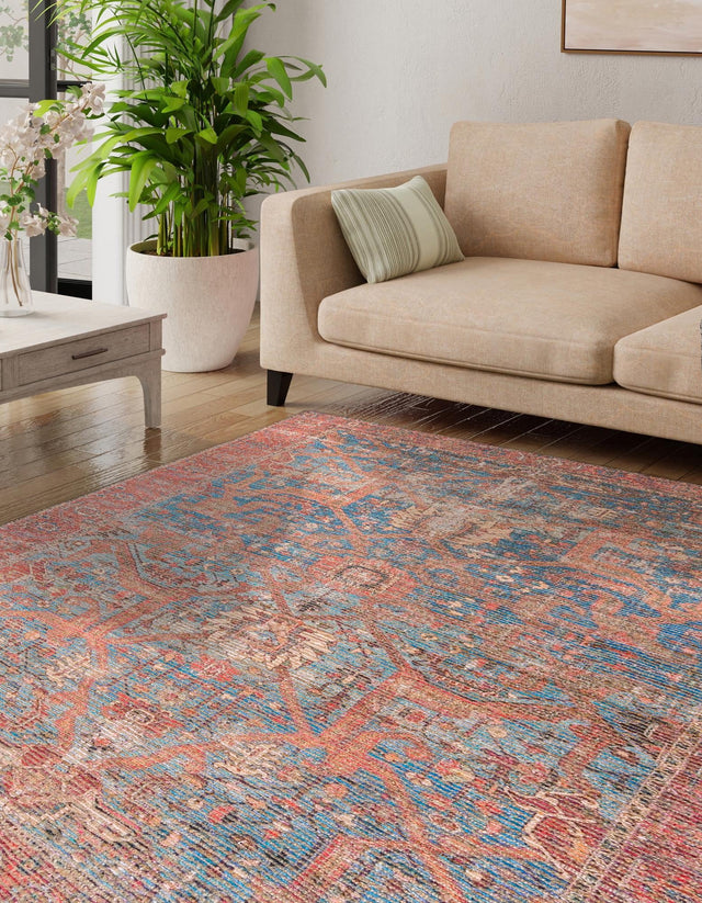 Antique Blue 7' 10 x 7' 10 Chenille Jute Square Area Rug Vintage Distressed Boho All Natural Eco-Friendly Sustainable Carpet for Living Dining Office Dorm Rooms for Sale at Rug Engine