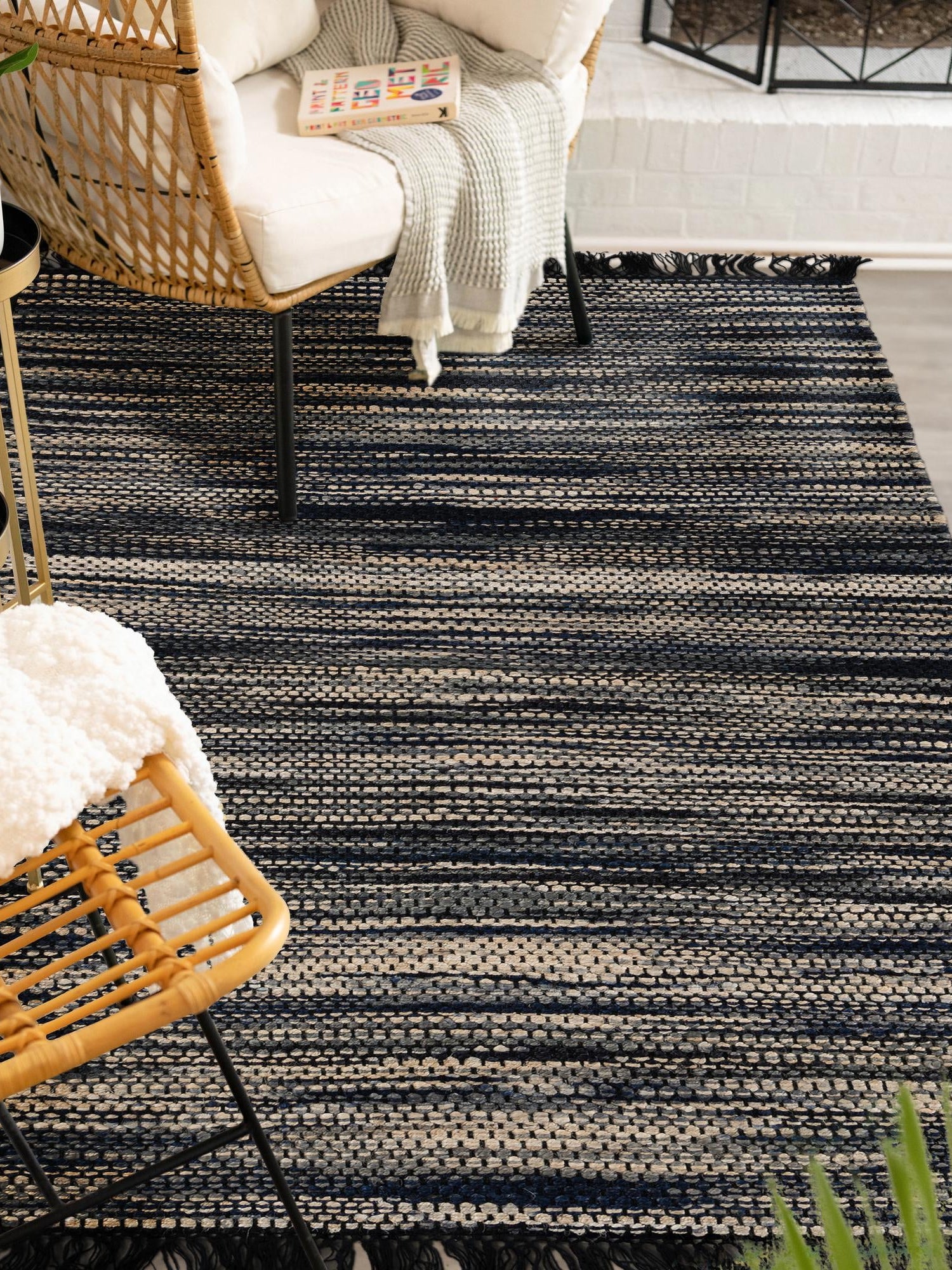Navy Blue and Ivory 7' 10 x 10' Chunky Jute Rectangle Area Rug 100% All Natural Jute Sustainable Eco-Friendly Carpet Mat for Natural Interior Design Homes for Sale at Rug Engine