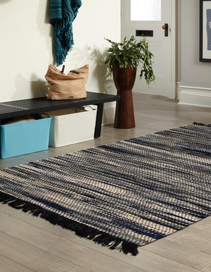 Navy Blue and Ivory 7' 1 x 10' Chunky Jute Rectangle Area Rug 100% All Natural Jute Sustainable Eco-Friendly Carpet Mat for Natural Interior Design Homes for Sale at Rug Engine