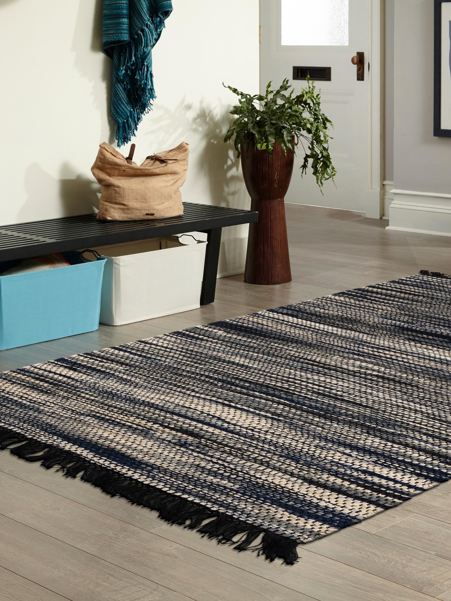 Navy Blue and Ivory 9' x 12' Chunky Jute Rectangle Area Rug 100% All Natural Jute Sustainable Eco-Friendly Carpet Mat for Natural Interior Design Homes for Sale at Rug Engine