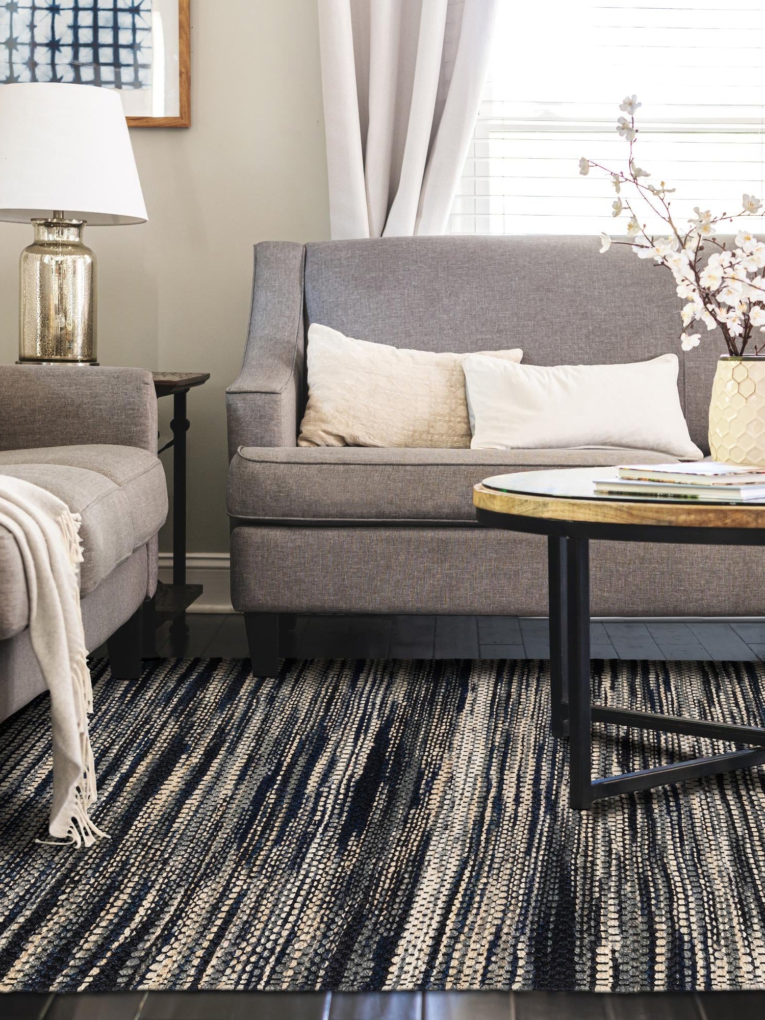 Navy Blue and Ivory 7' 10 x 10' Chunky Jute Rectangle Area Rug 100% All Natural Jute Sustainable Eco-Friendly Carpet Mat for Natural Interior Design Homes for Sale at Rug Engine