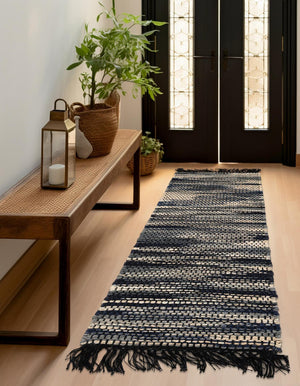 Navy Blue and Ivory 2' x 6' 1 Chunky Jute Runner Area Rug 100% All Natural Jute Sustainable Eco-Friendly Carpet Mat for Natural Interior Design Homes for Sale at Rug Engine