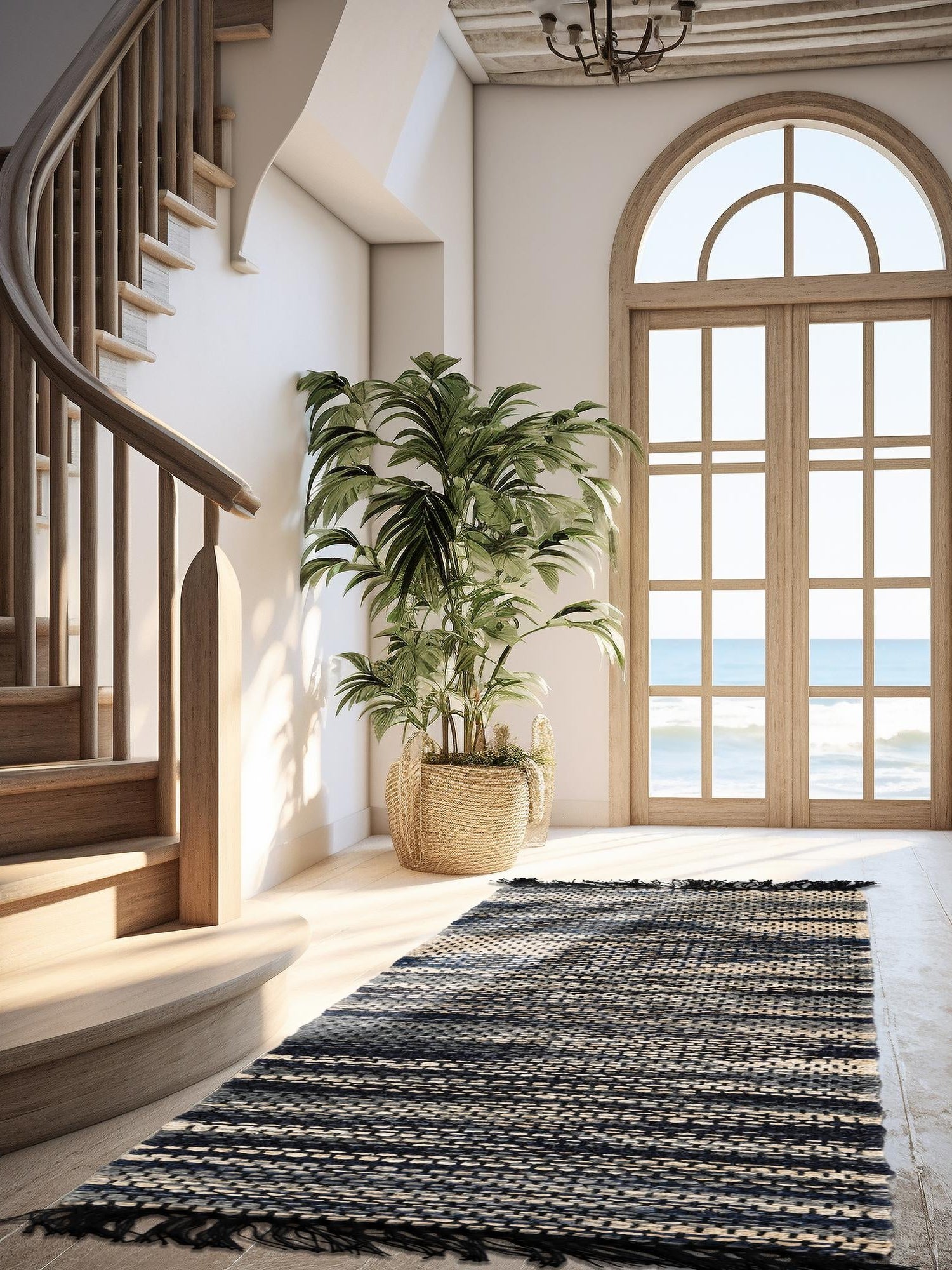 Navy Blue and Ivory 2' x 5' 1 Chunky Jute Runner Area Rug 100% All Natural Jute Sustainable Eco-Friendly Carpet Mat for Natural Interior Design Homes for Sale at Rug Engine