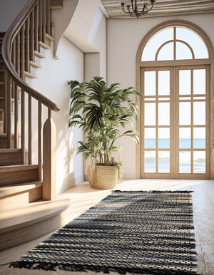 Navy Blue and Ivory 2' x 6' 1 Chunky Jute Runner Area Rug 100% All Natural Jute Sustainable Eco-Friendly Carpet Mat for Natural Interior Design Homes for Sale at Rug Engine