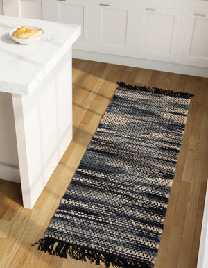 Navy Blue and Ivory 2' x 6' 1 Chunky Jute Runner Area Rug 100% All Natural Jute Sustainable Eco-Friendly Carpet Mat for Natural Interior Design Homes for Sale at Rug Engine