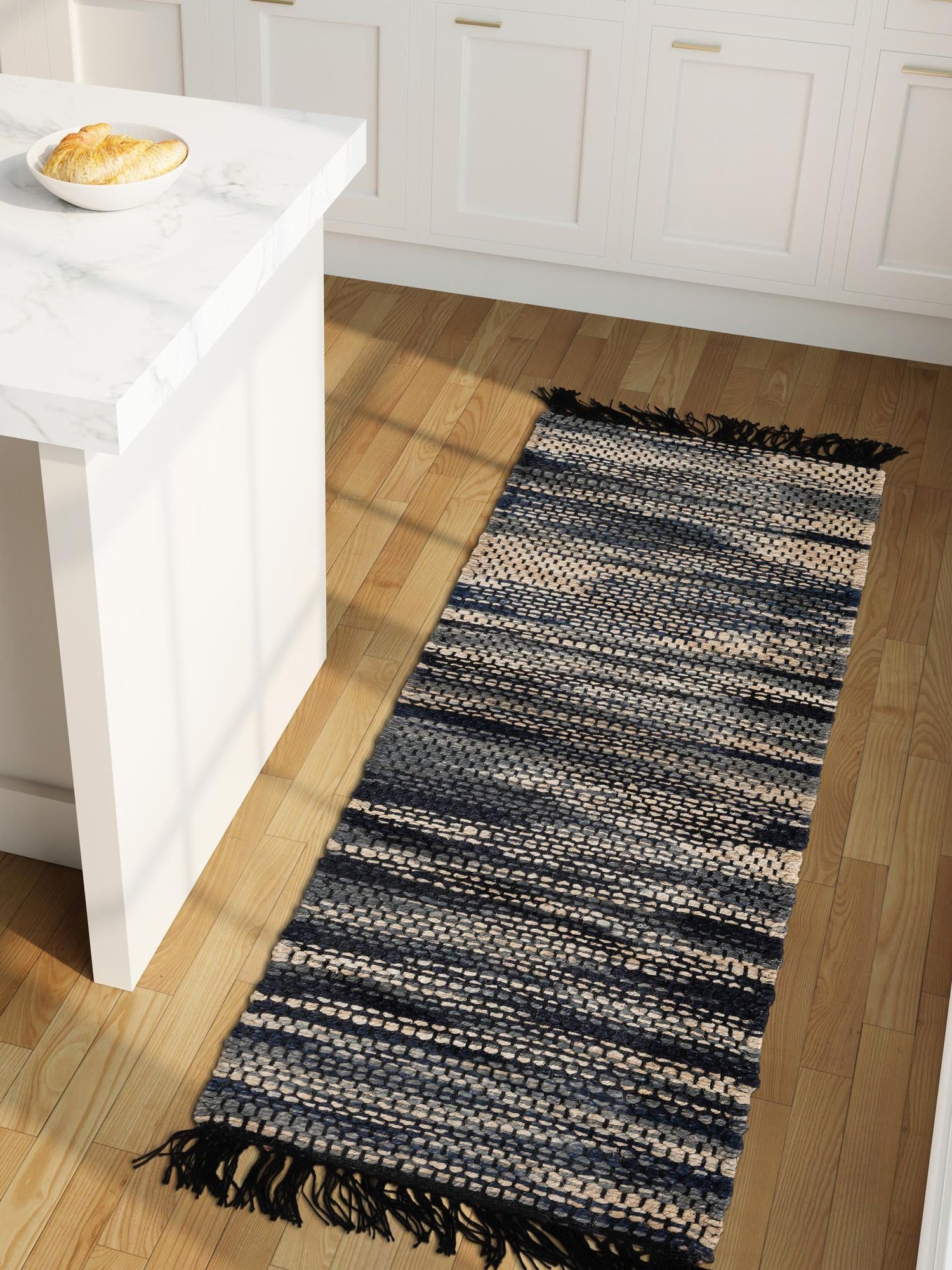 Navy Blue and Ivory 2' 7 x 10' Chunky Jute Runner Area Rug 100% All Natural Jute Sustainable Eco-Friendly Carpet Mat for Natural Interior Design Homes for Sale at Rug Engine