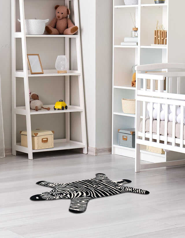 Black and White 4' 1 x 6' 1 Playtime Kids Wool Free Form Rug